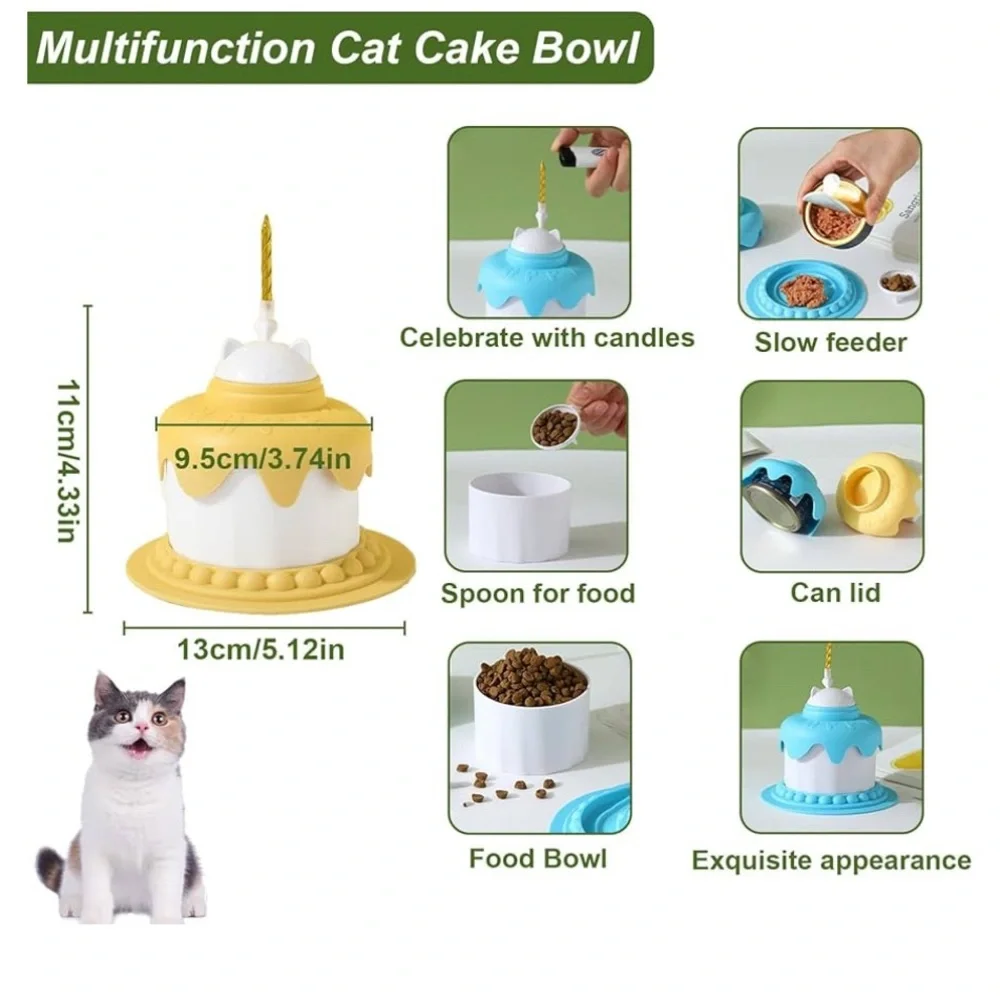 Cat Birthday Cake Bowl, Slow Feeder, Food Bowl, Feeding Spoon, Can Cover, Yellow
